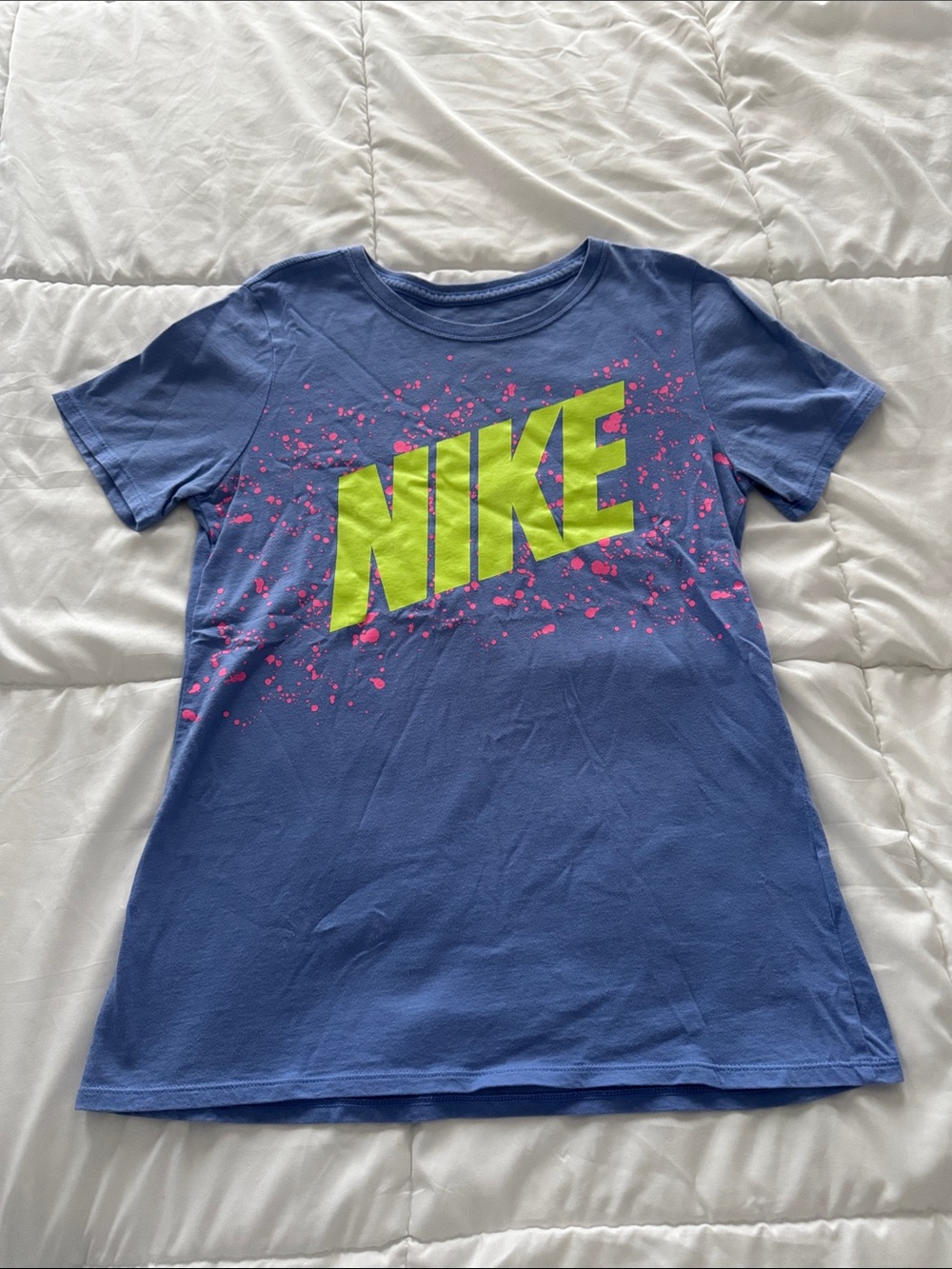 Nike Blue Tee with Neon Yellow Logo and Pink Splatter